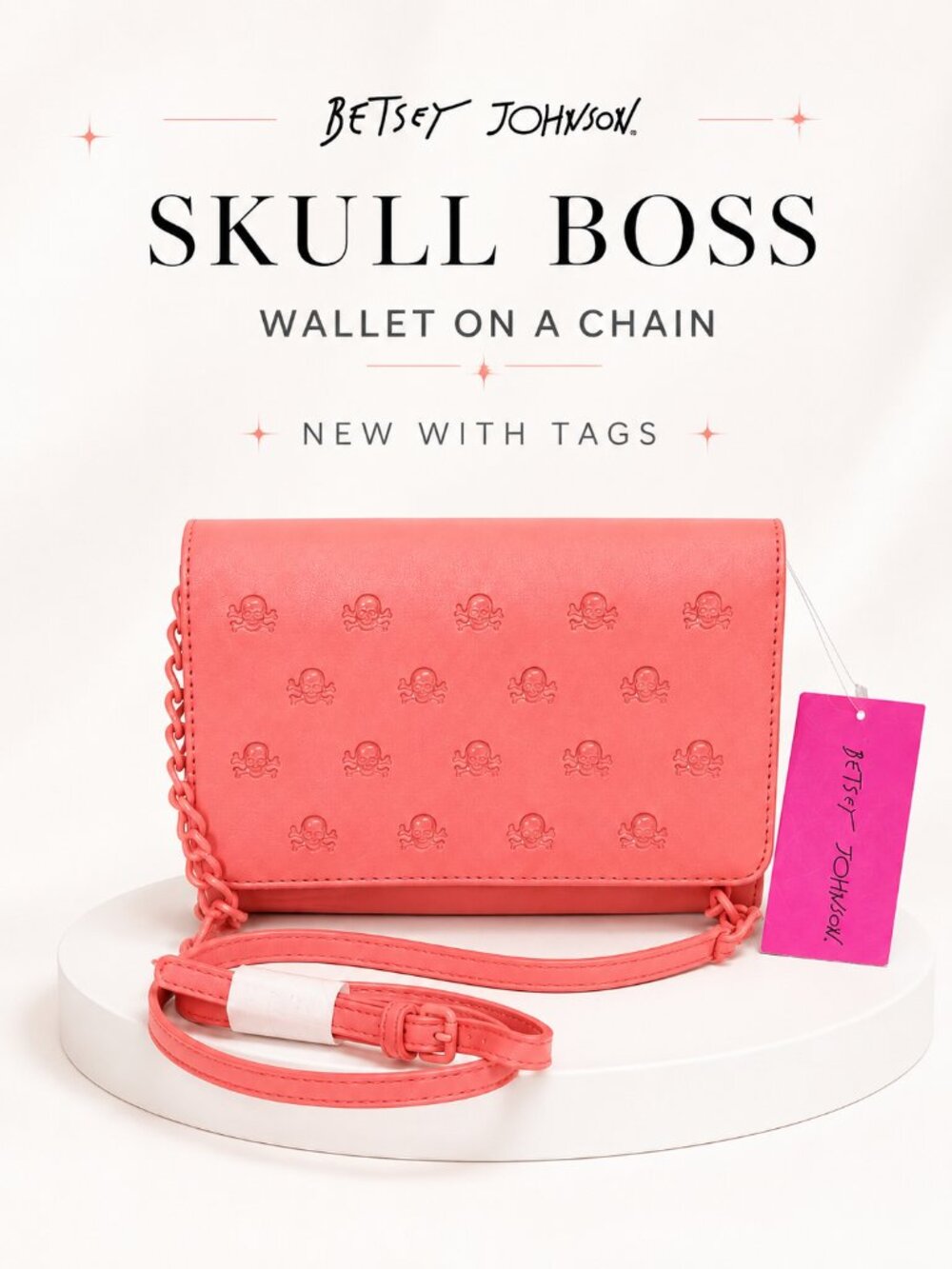 Betsey Johnson Skull Boss Coral Wallet on Chain Crossbody Bag NWT